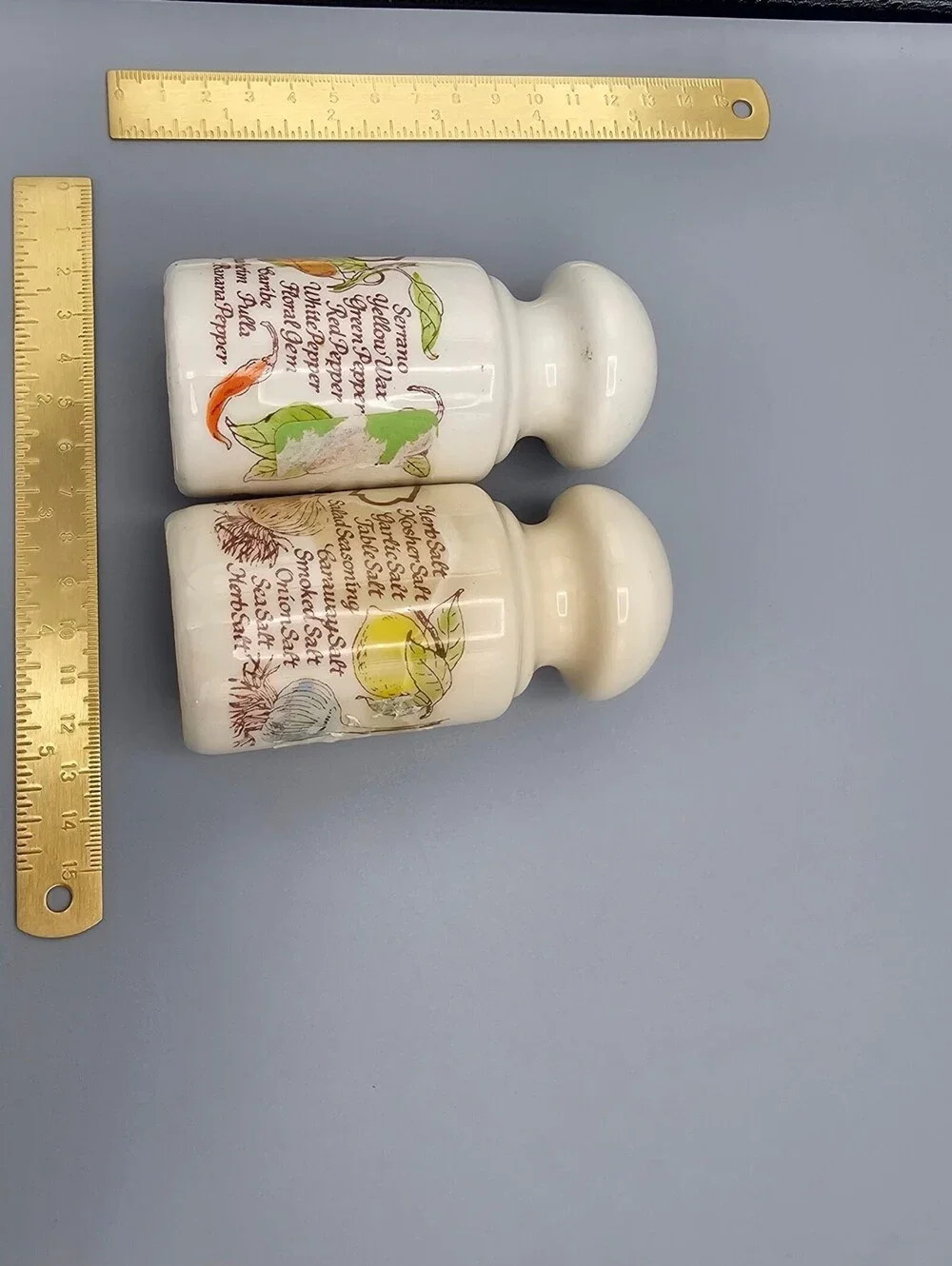 Vintage Ceramic Salt and Pepper Shakers with Illustrated Labels